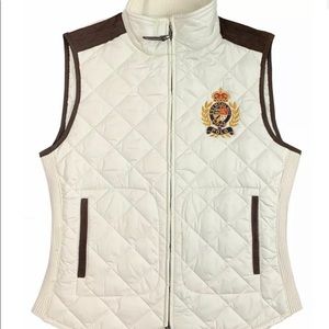Polo Ralph Lauren Women's Leather Trimmed Quilted Crest Logo Vest Chic Cream M